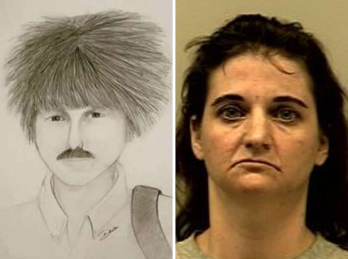 Police sketch with exaggerated hair and mustache next to a mugshot highlighting poor police sketch caricatures.