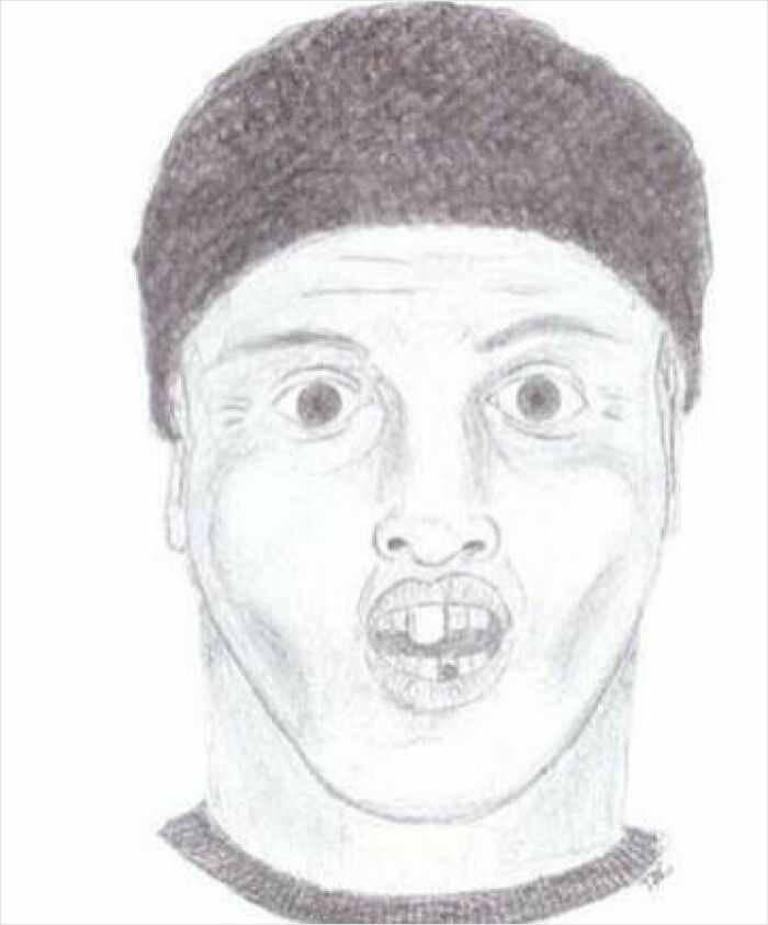 Police sketch with exaggerated features resembling a poorly drawn caricature wearing a beanie and missing front teeth.