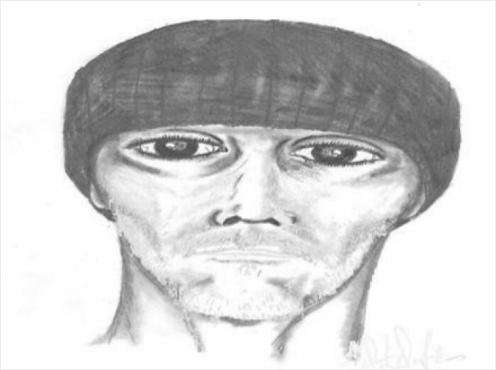Police sketch of a man wearing a beanie, featuring exaggerated facial features resembling a bad caricature.