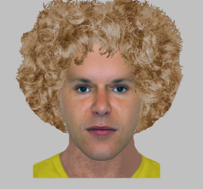 Police sketch featuring a man with curly hair and a yellow shirt, resembling an exaggerated or poorly done caricature.