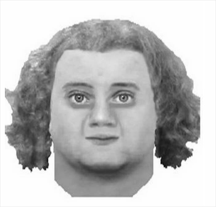 Police sketch of a man with curly hair and a rounded face that looks more like a bad caricature than a realistic portrait.