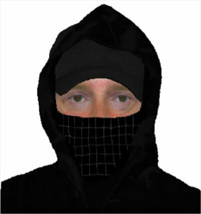 Police sketch of a person in a black hood and mask with a grid pattern, showing only eyes and forehead.