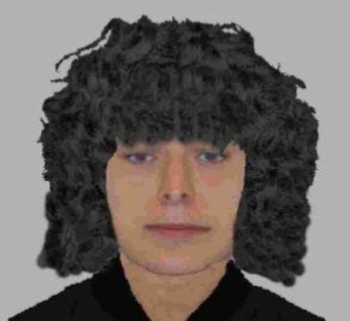 Police sketch with exaggerated features and curly hair, resembling a bad caricature rather than an accurate portrait.