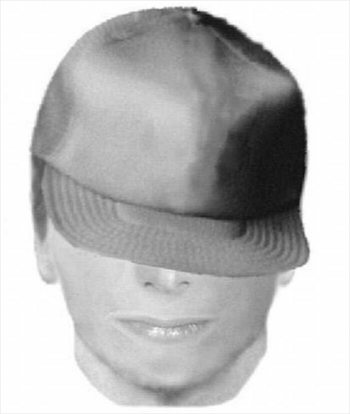 Police sketch of a person wearing a hat pulled low, showcasing an example of poorly drawn police sketches and caricatures.