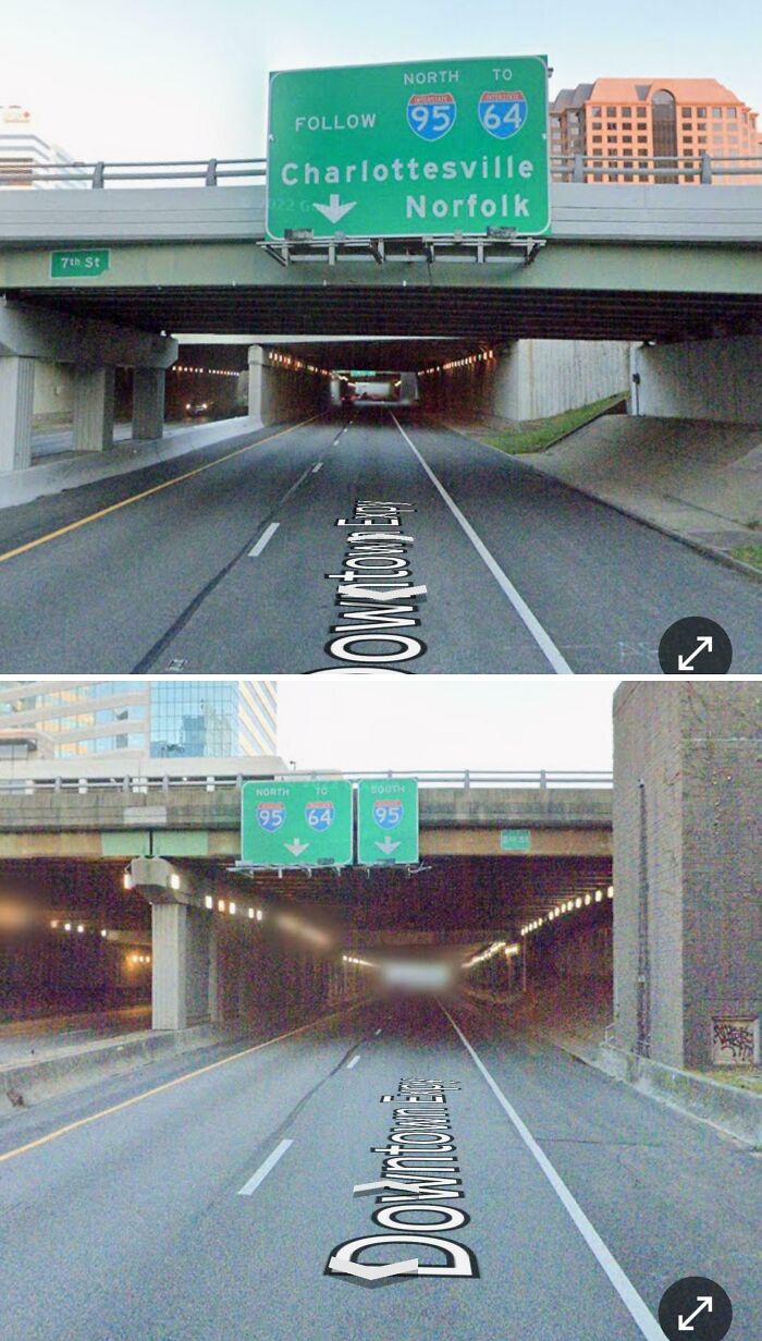 Confusing road signs on Downtown Expressway showing conflicting directions to highways I-95 and I-64.