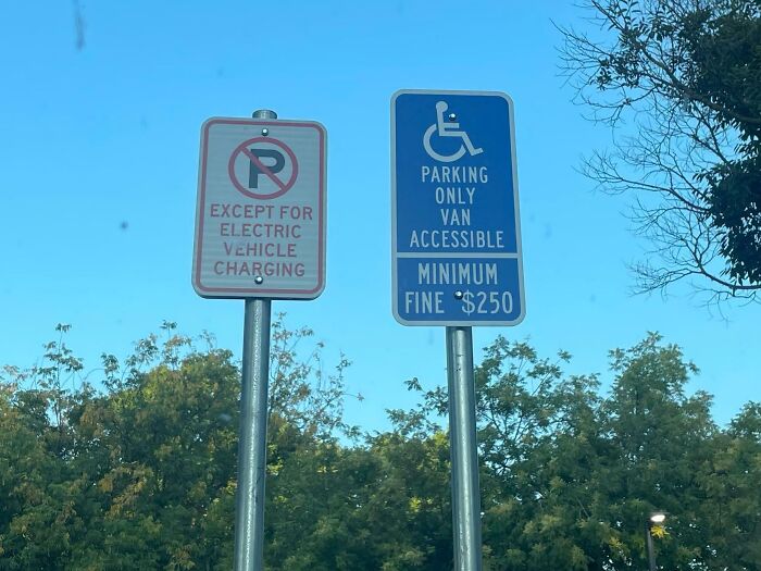 No parking road signs including electric vehicle exception and accessible van parking with $250 minimum fine on poles.
