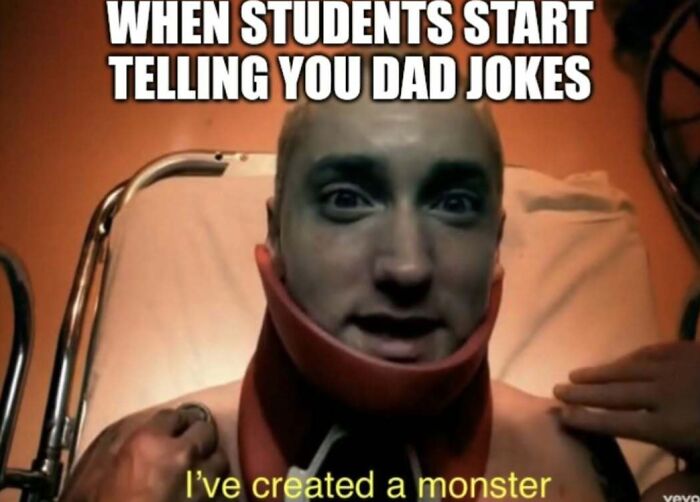 Teacher wearing a neck brace with a caption about students telling dad jokes, funny meme for teachers needing a raise and a nap.