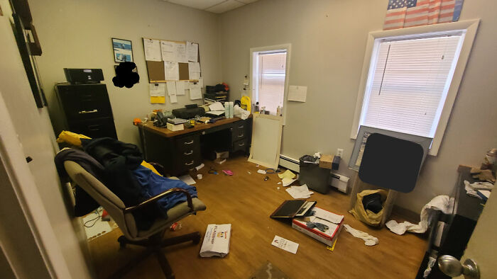 Cluttered office space with papers and objects scattered on the floor, illustrating mildly infuriating things testing patience.