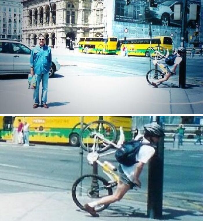 Man posing for photo while cyclist has a photobomb accident, an example of photobombs that were total disasters or perfection