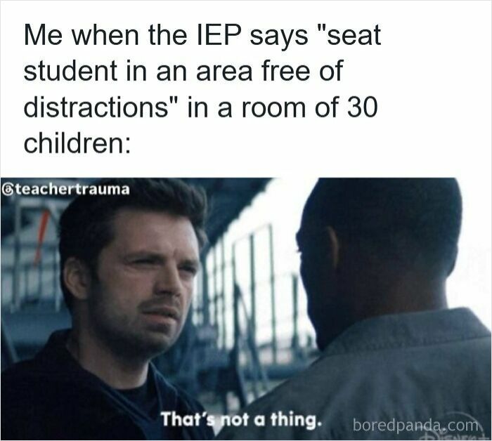 Teacher meme showing confusion about seating a student in a distraction-free area in a busy classroom environment.