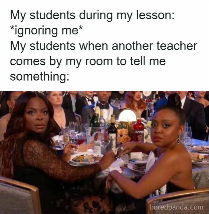 Students ignoring teacher during lesson but paying attention when another teacher arrives, funny memes for teachers SEO concept.