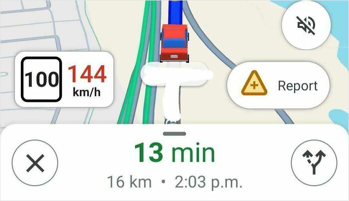 Navigation app showing a car speeding at 144 km/h in a 100 km/h zone, mildly infuriating and testing patience.