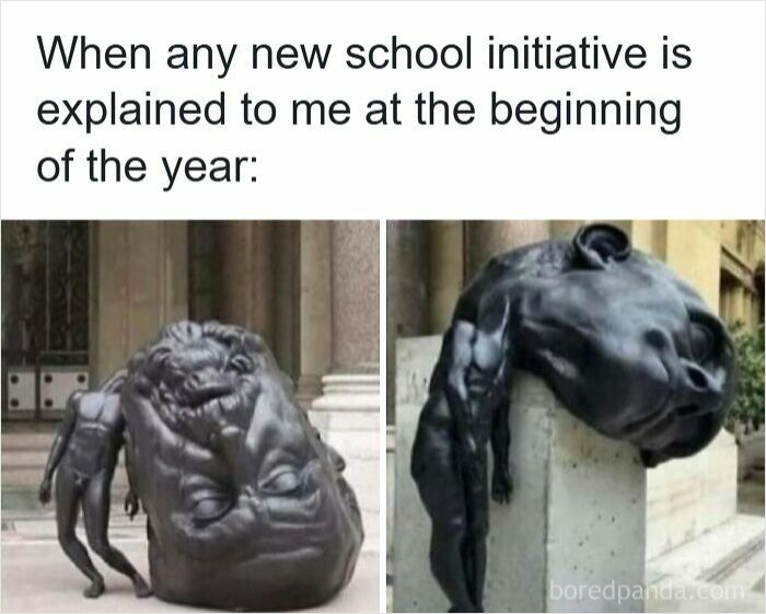 Sculptures showing exhausted figures, illustrating funny memes for teachers who deserve a raise and a nap.