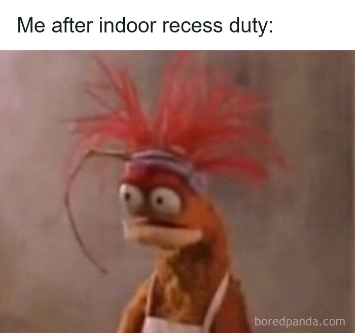 Tired puppet character with wild red hair representing teacher exhaustion in funny memes for teachers.