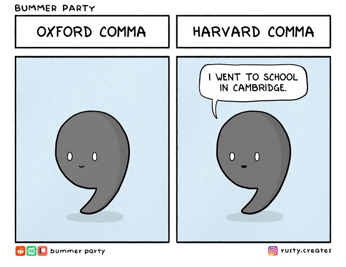 Comic showing a funny comparison between the Oxford comma and Harvard comma with personified commas.
