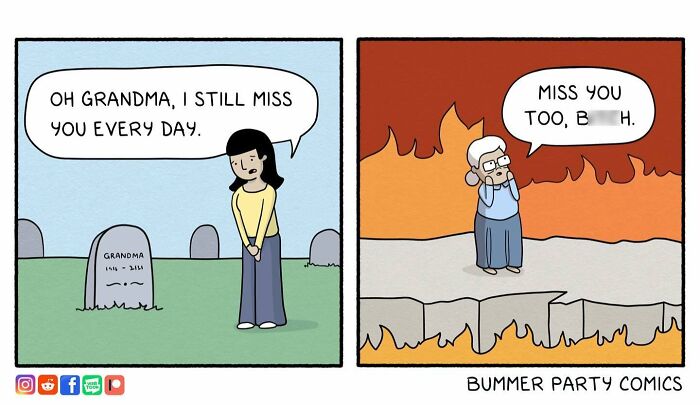 A funny comic showing a woman missing her grandma at a grave and the grandma missing her in an afterlife scene.