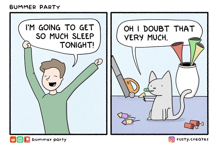 Comic strip showing a man excited about sleep while a cat doubts it, highlighting funny comics with relatable humor.