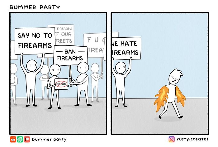Funny comics showing a protest with signs about firearms and a character walking away with fire wings, capturing silly and smart humor.
