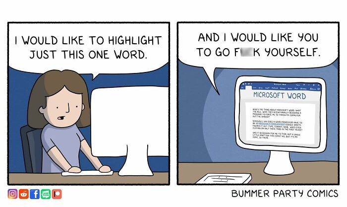 Person sitting at desk with computer showing a funny comic about highlighting words in Microsoft Word.