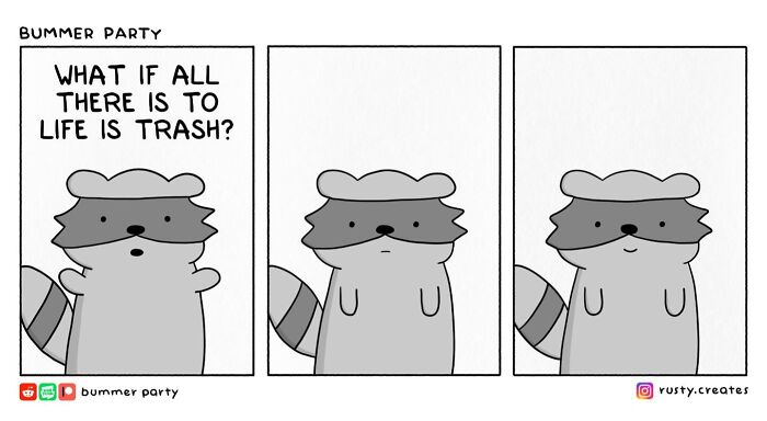 Comic strip featuring a raccoon character in a funny comic about silly and relatable life thoughts.