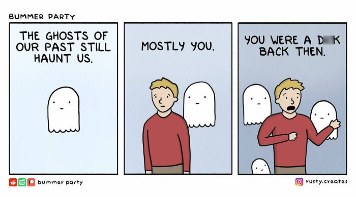 Comic strip featuring a man and a ghost humorously portraying relatable, funny, and smart moments in silly comics.