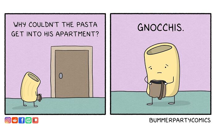 Funny comic showing a macaroni character holding keys, with a pasta apartment pun in a silly, smart, relatable style.