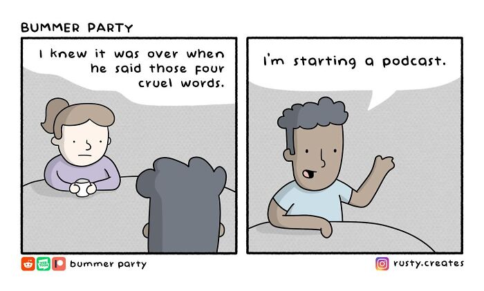 Two-panel funny comic showing a woman and man discussing podcast plans, illustrating relatable humor in silly comics.