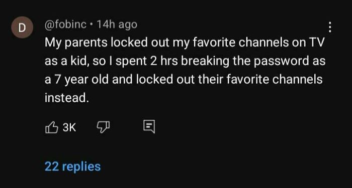 Screenshot of a kid outsmarting grown-ups by hacking TV passwords to lock out their favorite channels.