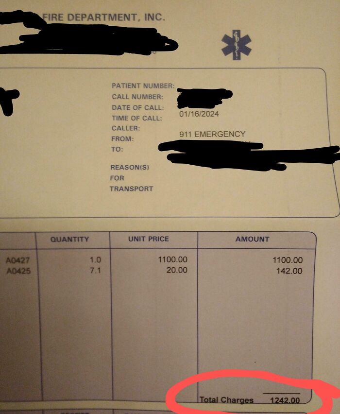 Fire department medical bill showing high total charges highlighting harsh realities of American healthcare costs.