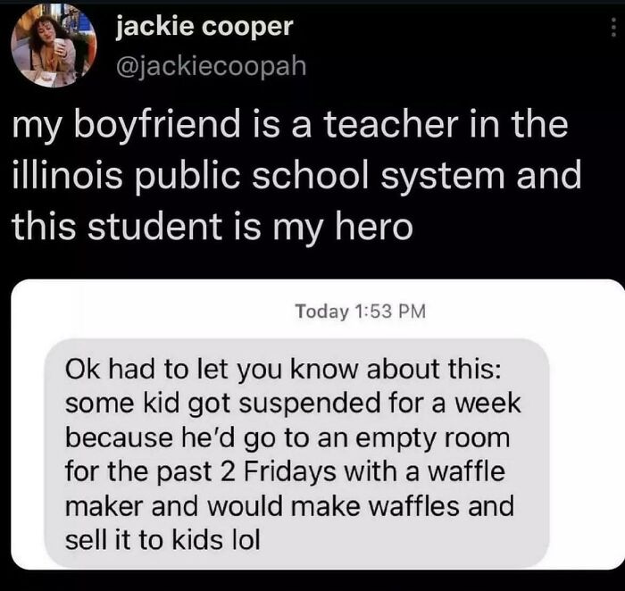 Screenshot of a social media post describing a kid outsmarting adults by making and selling waffles at school.