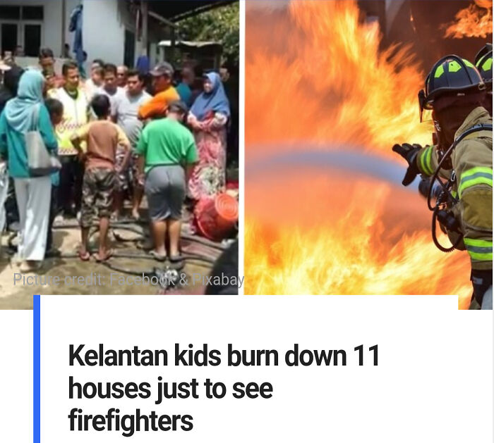 Group of kids and adults gathered outdoors next to burning houses with firefighters controlling large flames in action.