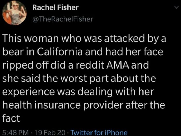 Tweet highlighting a bear attack survivor describing struggles with health insurance, revealing harsh realities of American healthcare.