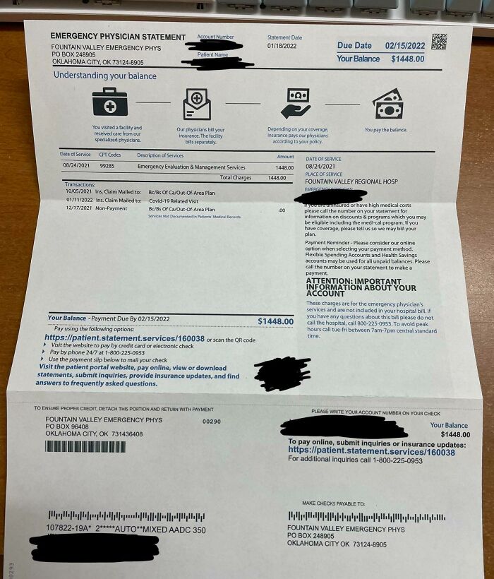 Emergency physician bill showing a $1448 charge for services, highlighting harsh realities of American healthcare expenses.