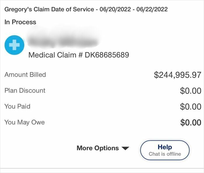 Medical claim showing a $244,995.97 billed amount highlighting harsh realities of American healthcare costs.