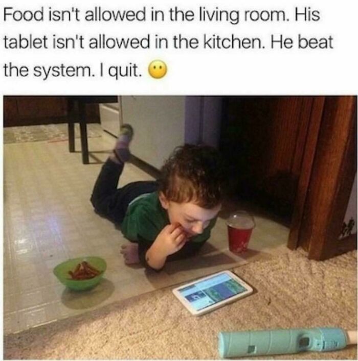 Child outsmarts grown-ups by eating snacks and using a tablet in different rooms, showcasing clever kid behavior.