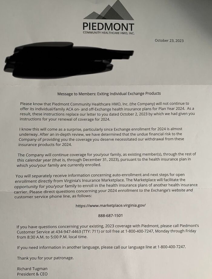 Notice from Piedmont Community Healthcare HMO about ending individual exchange plans, highlighting realities of American healthcare changes.