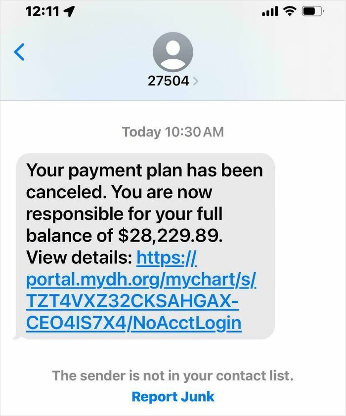 Text message showing cancellation of payment plan and a full balance of $28,229.89, highlighting harsh realities of American healthcare.