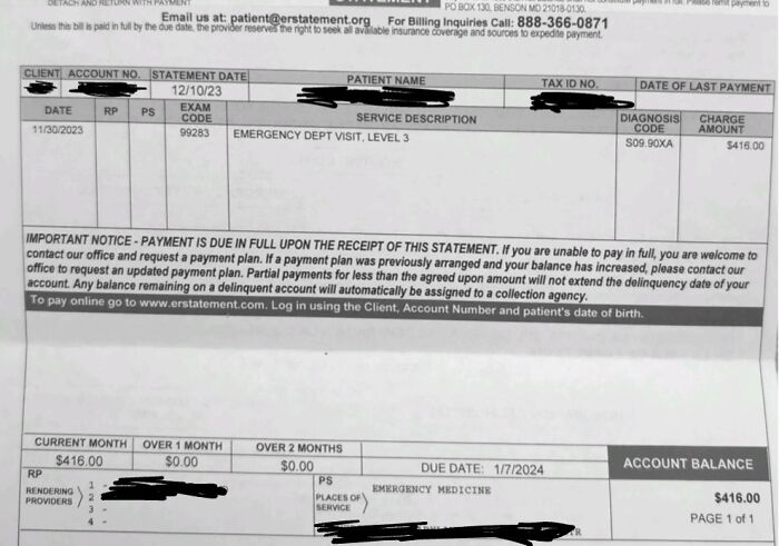 Medical bill showing $416 charge for emergency department visit, highlighting harsh realities of American healthcare costs.