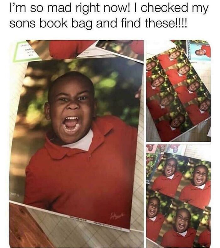 Amusing photos of kids outsmarting grown-ups show a boy's funny school pictures used as gift wrap and prints.