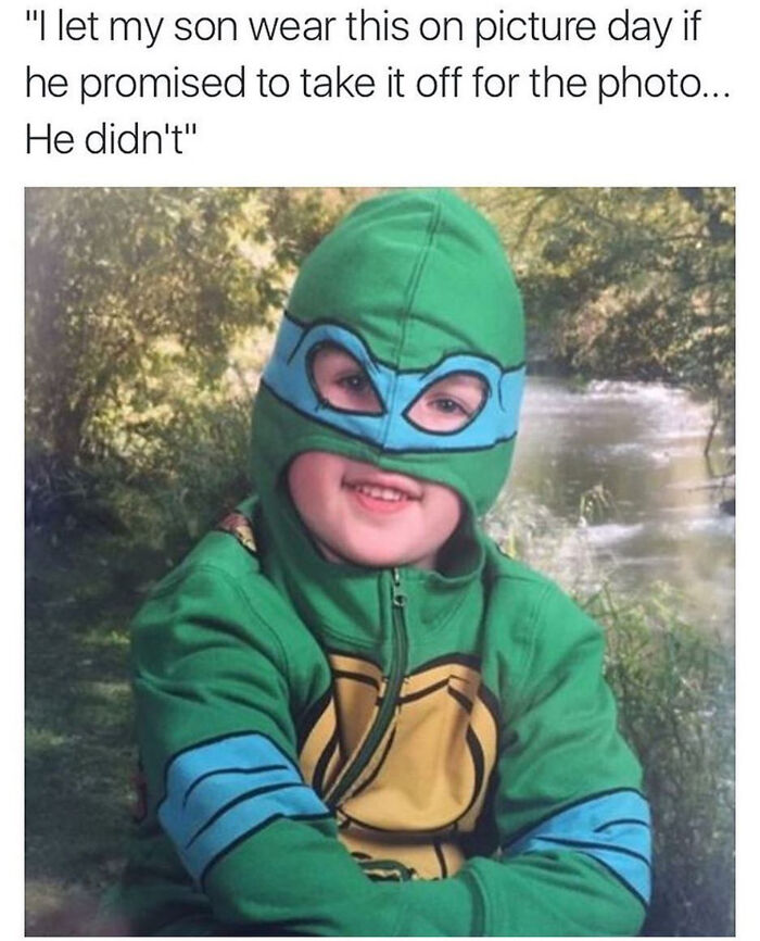 Child in a Teenage Mutant Ninja Turtle outfit cleverly outsmarts grown-ups on picture day in an amusing way.
