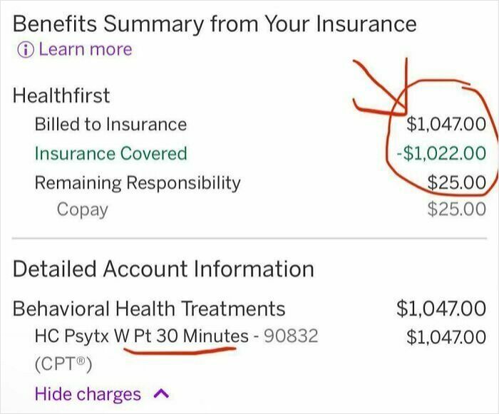 Insurance summary showing a $1,047 charge for behavioral health treatment in American healthcare billing.
