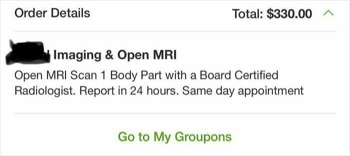 Receipt showing $330 charge for open MRI scan with a board certified radiologist highlighting harsh realities of American healthcare.