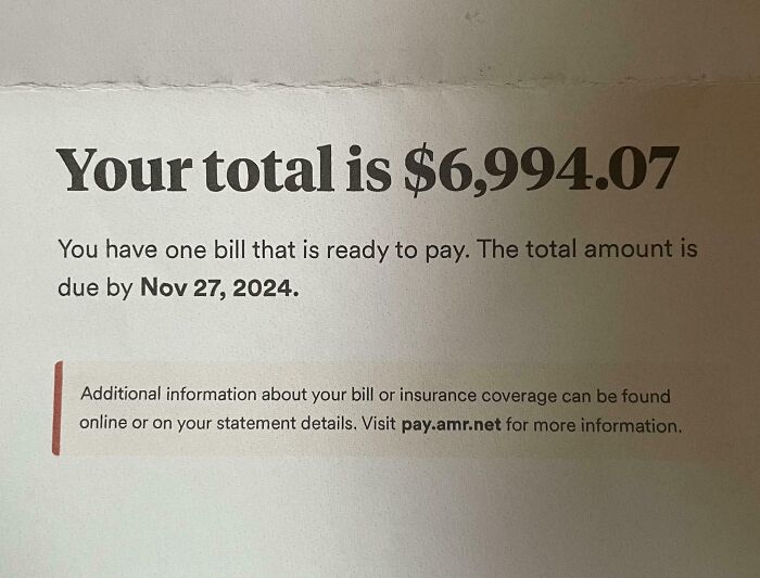 Medical bill showing a $6,994.07 charge highlighting harsh realities of American healthcare costs and billing.