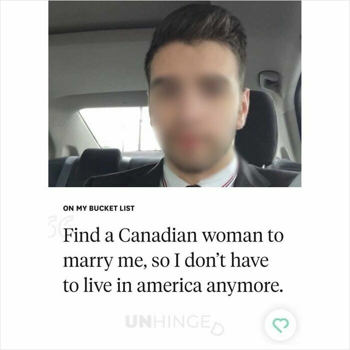 Man in a car sharing a humorous dating app bucket list about finding a Canadian woman to marry and leave America behind.