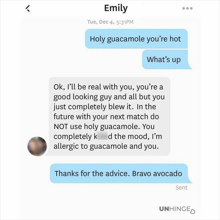 Text conversation on a dating app showing a hilarious awkward rejection with a guacamole pun.