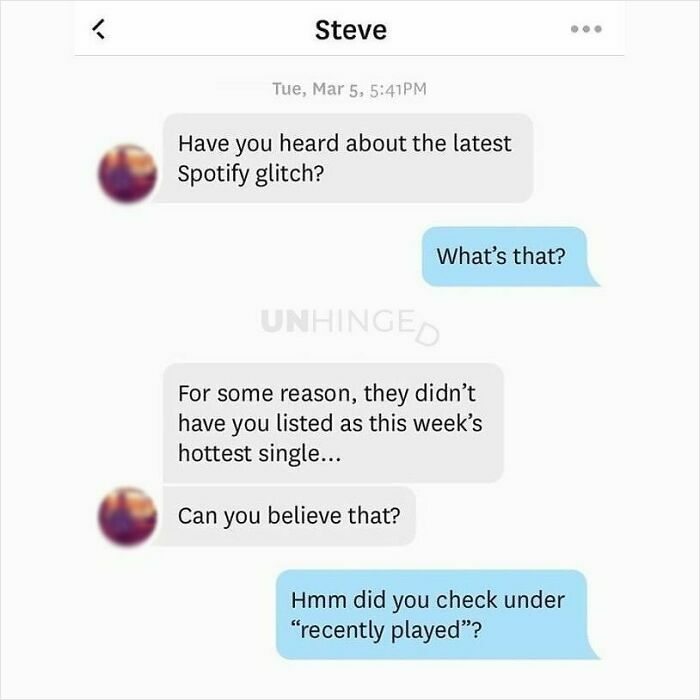 Text message exchange on a dating app joking about a Spotify glitch and the hottest single listing.