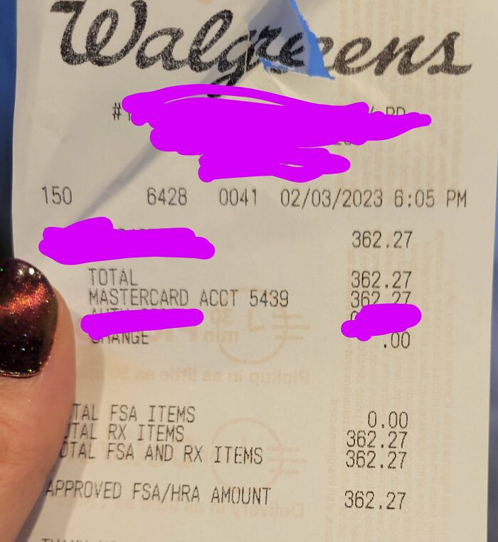 Pharmacy receipt showing $362.27 charge highlighting harsh realities of American healthcare costs.