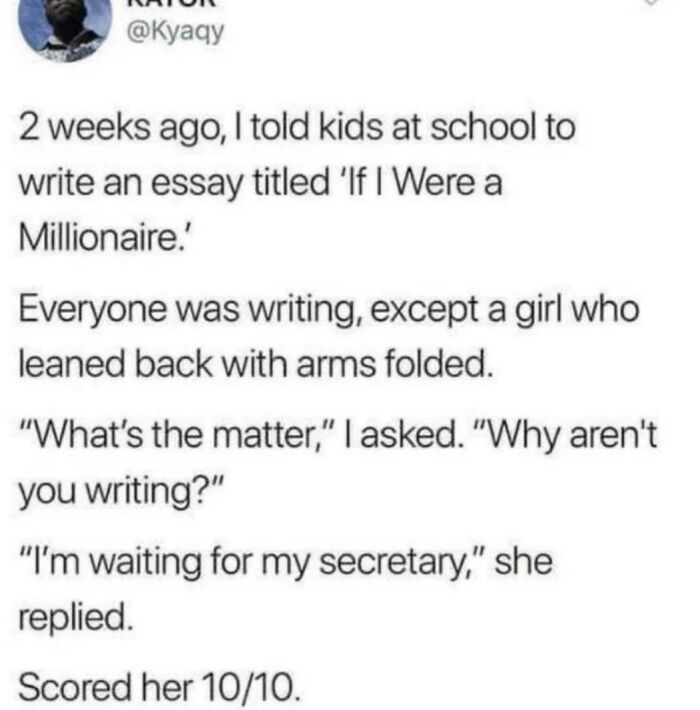 Tweet text showing a kid outsmarting adults with a witty response during a school essay titled If I Were a Millionaire.