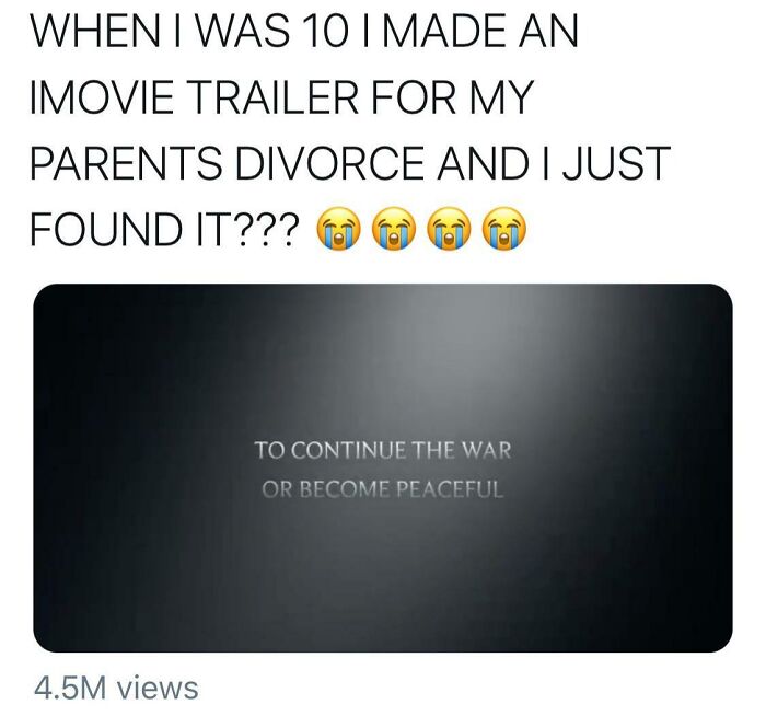 Child’s movie trailer about parents' divorce found years later, showing kids outsmarting grown-ups in emotional ways.