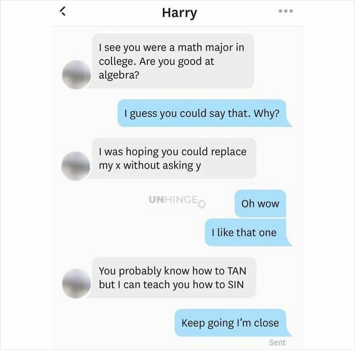 Screenshot of a funny and unhinged dating app conversation using math puns and flirty wordplay.